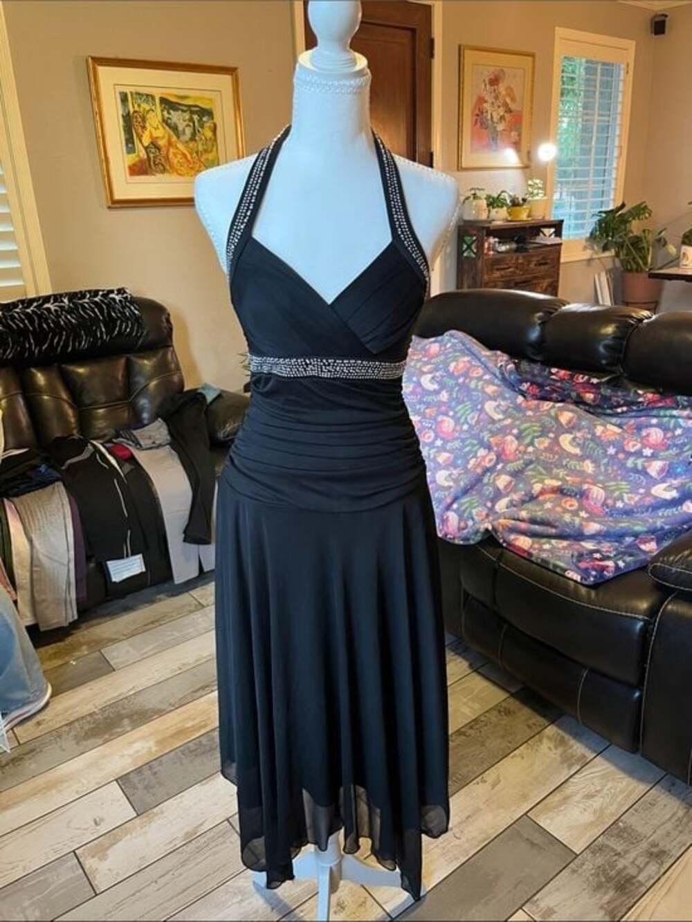 Early 2000s Black Halter-Style Evening Dress with Rhinestone Waist